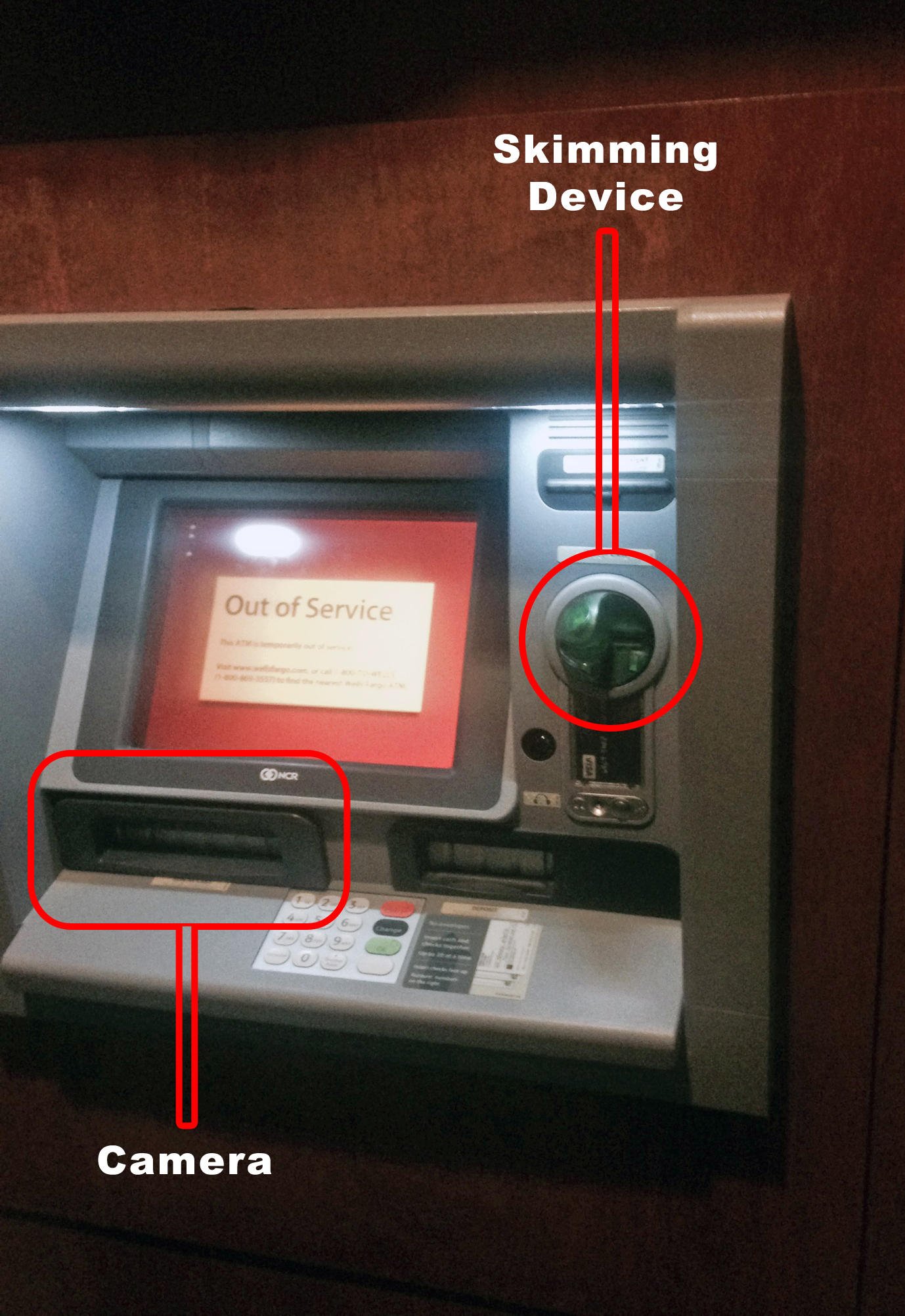 ATM skimmer with camera near speakers