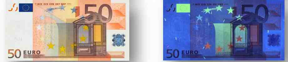 A genuine Euro bill under UV light