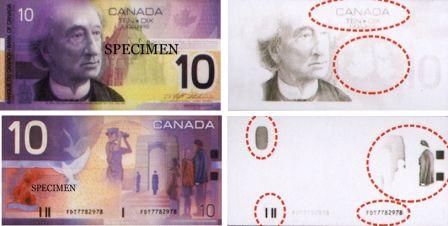 Canadian $10 bills have several features visible only under infrared light