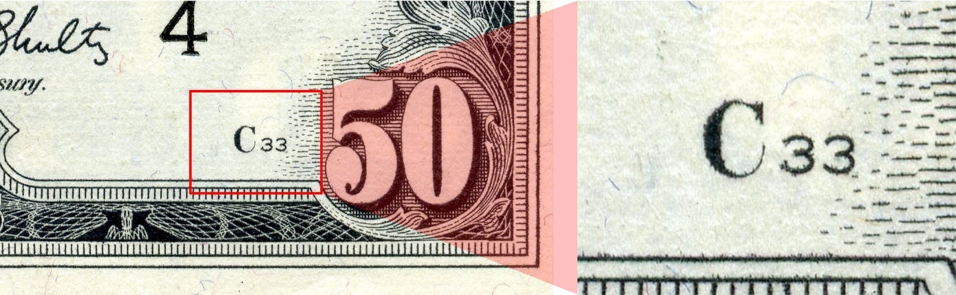 face plate number as printed on the Series 1969C $50 bill