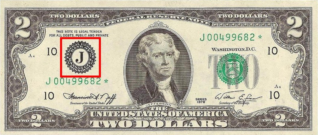 the Federal Reserve Bank seal as seen on the Series 1976 $2 bill