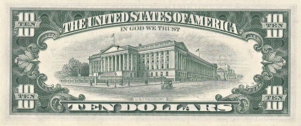 reverse of the Series 1963a $10 federal reserve note