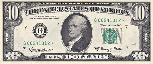 obverse of the Series 1963a $10 federal reserve note