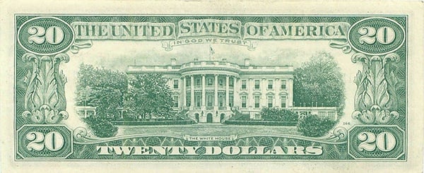 reverse of the Series 1969c $20 federal reserve note