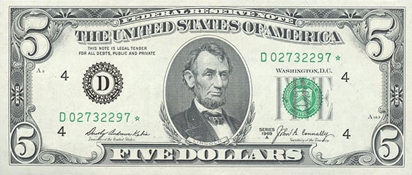 obverse of the Series 1969a $5 federal reserve note