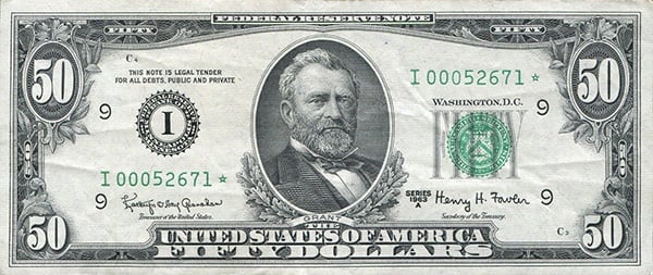 obverse of the Series 1963a $50 federal reserve note