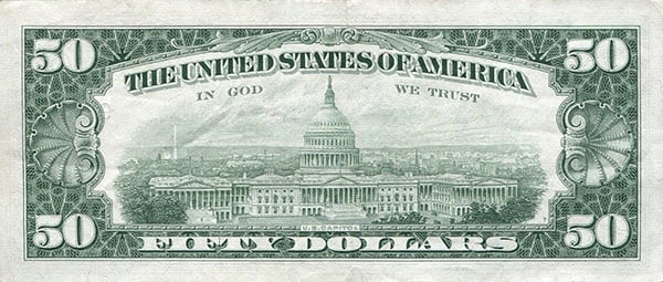reverse of the Series 1963a $50 federal reserve note