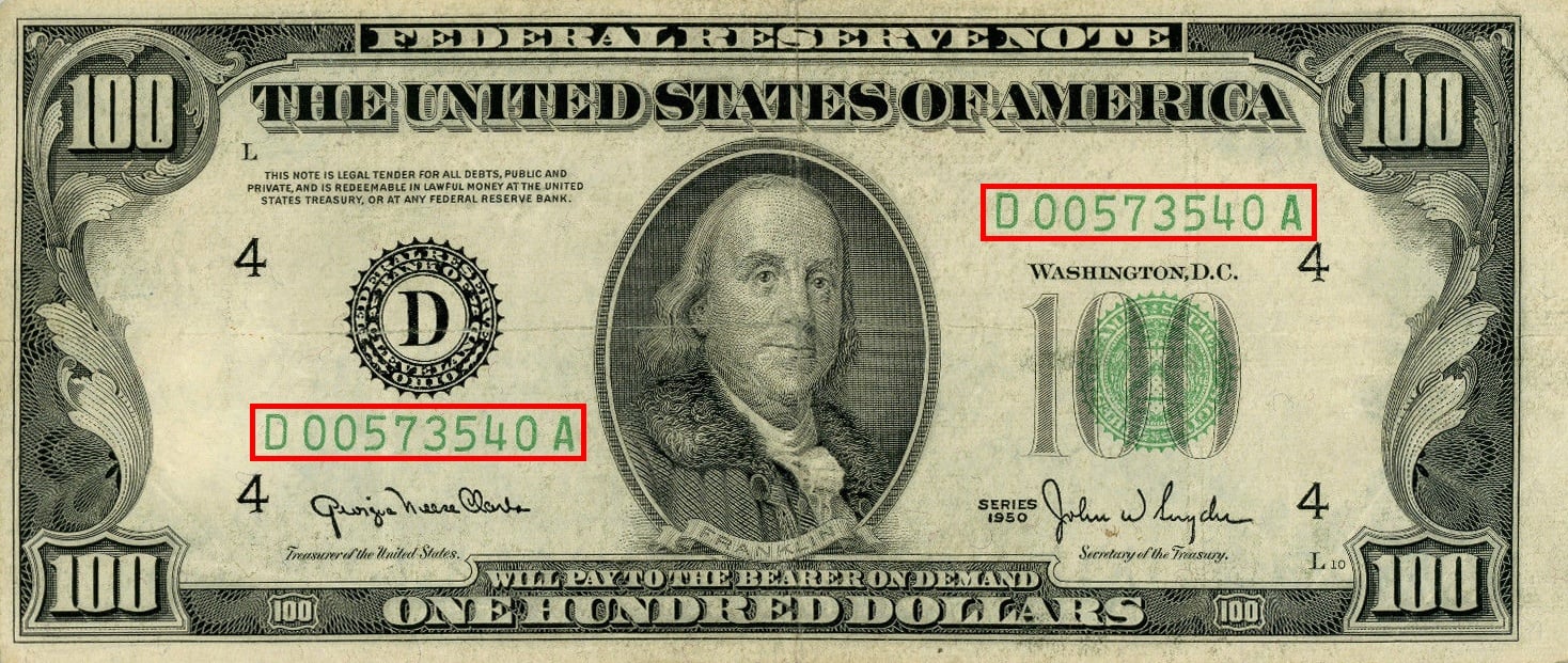 the serial numbers outlined in red on the Series 1950 $100 bill