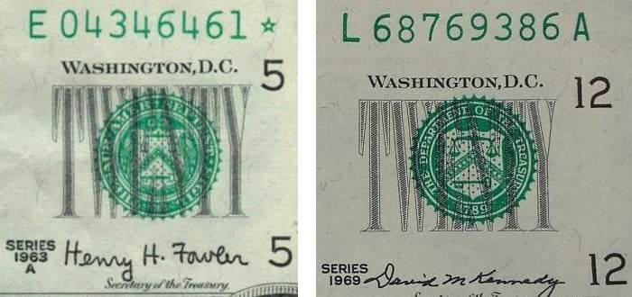 the Treasury seal as printed in Latin on the Series 1963A $10 bill vs. the Treasury seal as printed in English on the Series 1969C $20 bill